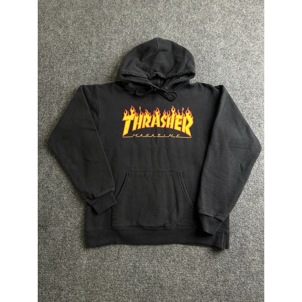 Mens Thrasher Magazine Flame Logo Black Skate Hoodie San Francisco, Size S